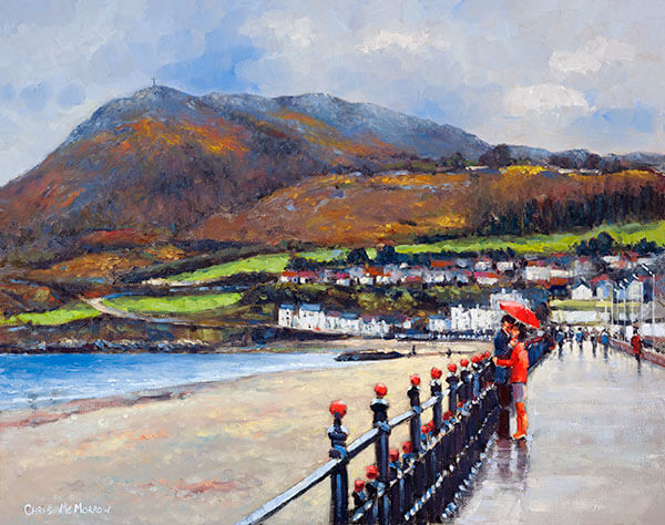 A painting of a couple kissing under a red umbrella by the Promenade in Bray, Co Wicklow