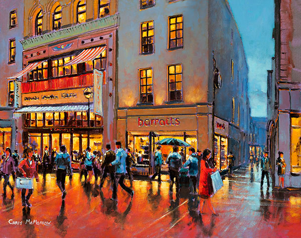 A painting of a view of a corner of Grafton Street