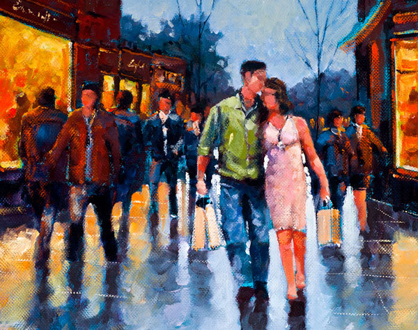 A painting of a young couple out together on a Saturday afternoon shopping