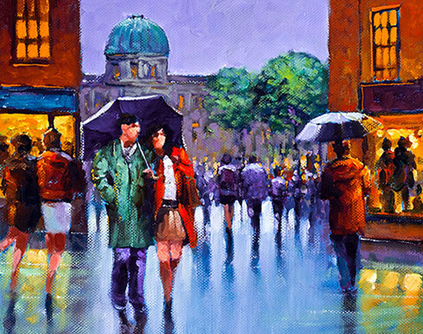 A painting of a couple walking under an umbrella in the city