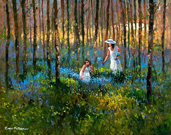 Picking the Bluebells -A painting of a mother and daughter picking bluebells in the forest