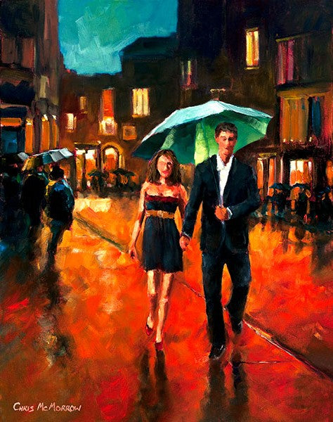 A painting of a couple walking under a green umbrella in the city at night