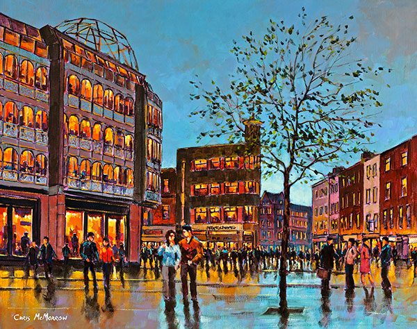 A painting of people walking around Stephens Green