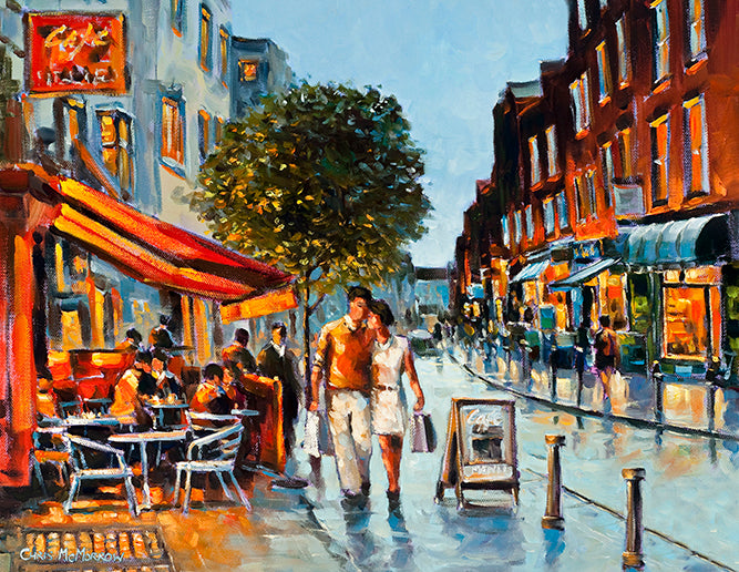 A painting of a couple walking along on South William Street, Dublin