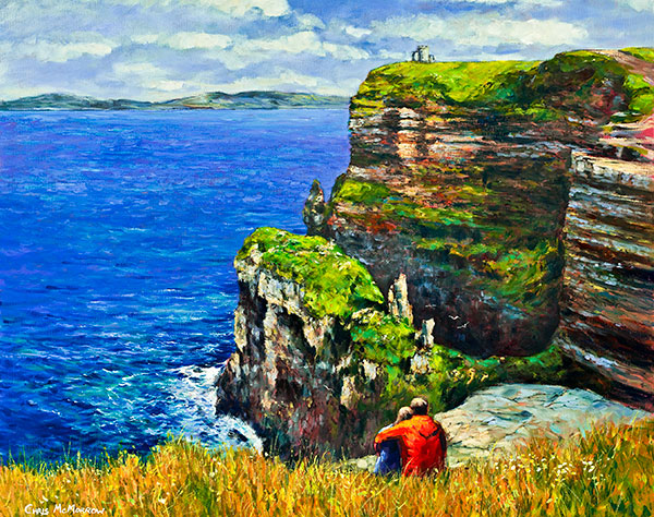 A painting of a couple sitting looking out to sea at the Cliffs of Moher