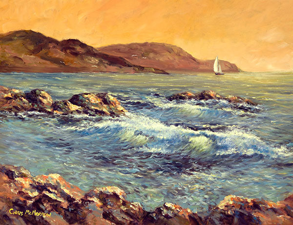 A painting of a sailboat in the early morning light