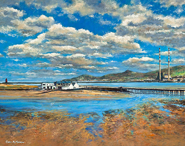 A painting of the Bull Wall, Dollymount, Dublin showing the lagoon and wooden bridge.