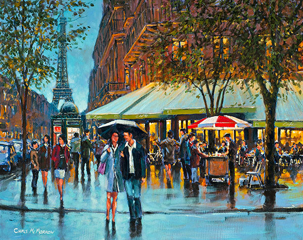A painting of a typical busy Paris street in the early evening.