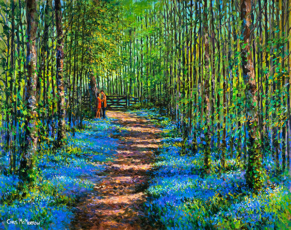 A tranquil painting of a couple embracing as they take a romantic walk in a forest of bluebells.