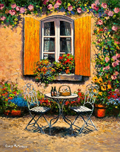 A painting of a laden table outside a window with yellow shutters in Provence, France