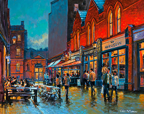 A vivid painting of reflections in the evening light on Castlemarket, Dublin