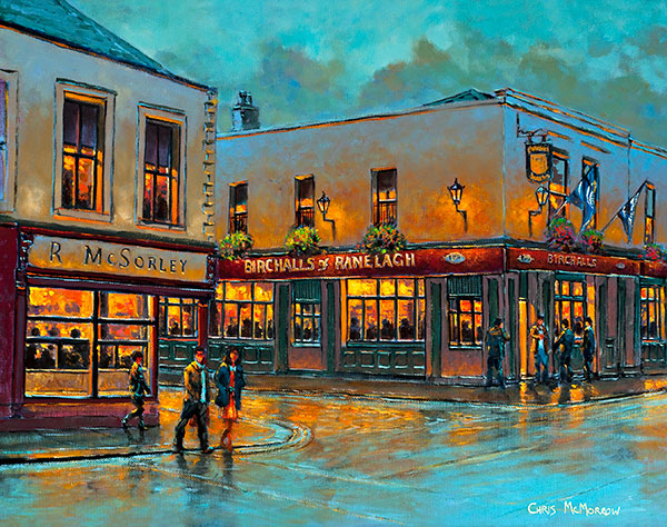 A painting of McSorleys and Birchalls public houses in Ranelagh, Dublin