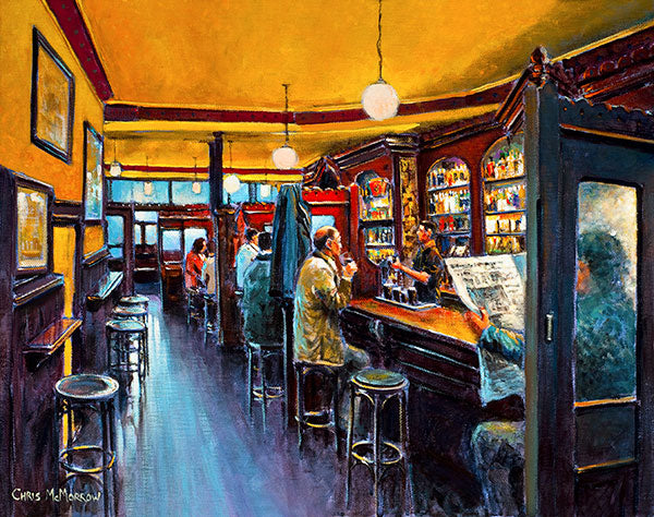 A painting of the inside of Kehoe's Pub on South Anne Street, Dublin in the early afternoon