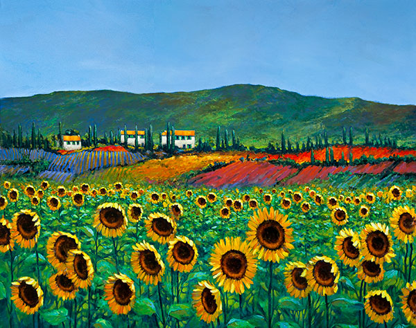 A vivid acrylic painting of yellow sunflowers in an Italian landscape
