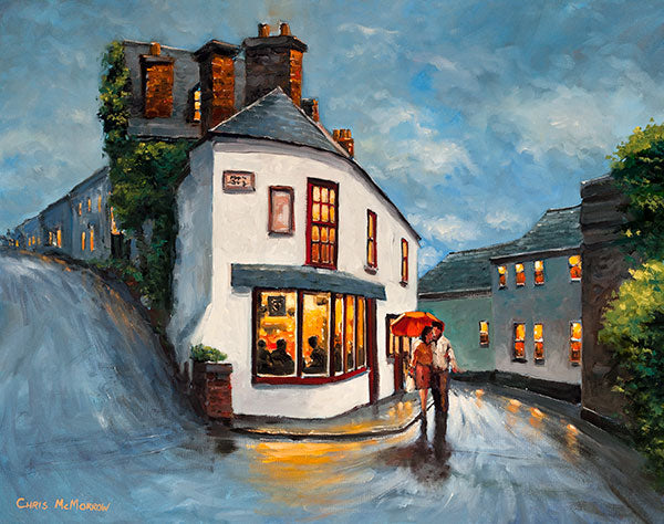 Painting of a romantic couple walking a street in Kinsale, Co Cork