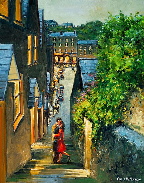 Painting of a couple embracing on the Stoney Steps, Kinsale, Co Cork