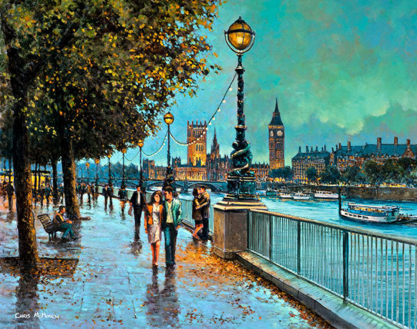 Painting of strollers on the Thames Walk at evening time, near the Houses of Parliament, London, England