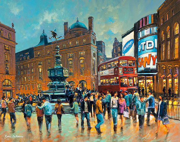 A painting of Piccadilly Circus, London with the famous statue fountain of Eros centre stage