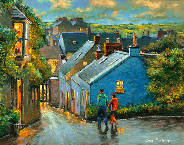 A painting of a couple walking down one of the many little laneways in Kinsale, Co Cork