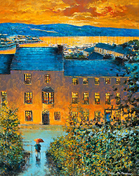 Painting of a sunset from above the town of Kinsale, Co Cork