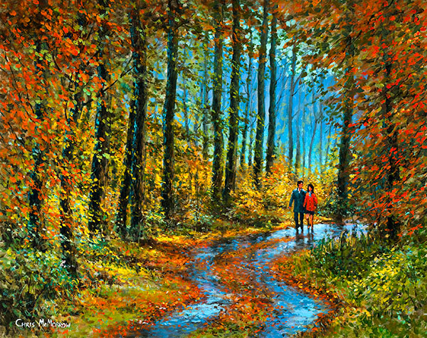 Painting of a couple taking a romantic stroll in the forest, the reds, yellows and gold of autumn on display.