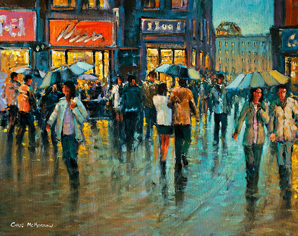 An impressionistic painting of people with umbrellas walking on Grafton Street, Dublin