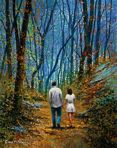 Painting of a couple taking a romantic stroll in the woods