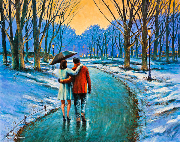 A painting of a couple walking in the snow in Stephens Green, Dublin