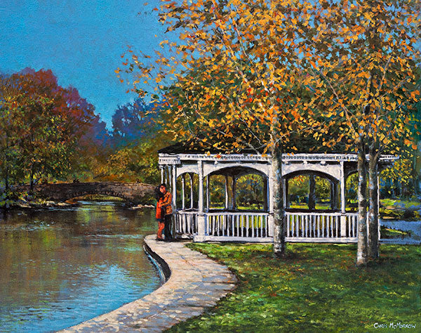 A painting of a couple embracing beside the pond in Stephens Green