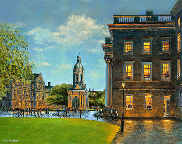 A painting with a view from inside Trinity College, Dublin taking in the Campanile and the cobbled walkways of Parliament Square.