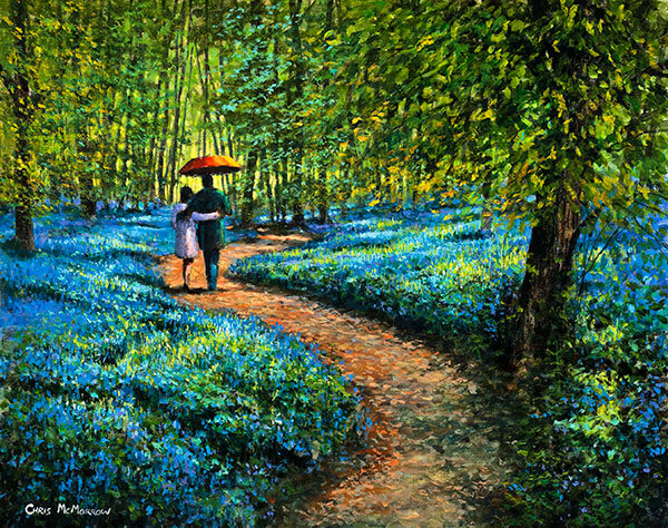 A couple walking under a red umbrella in a forest of bluebells