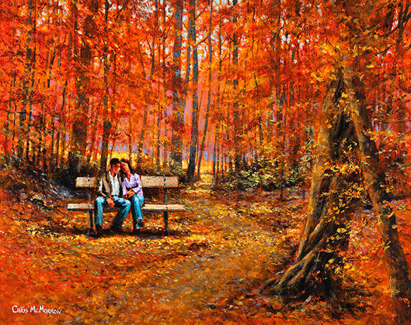 A painting of a couple sitting on a bench in a golden forest