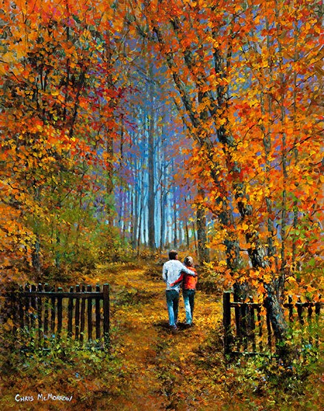 A painting of a couple walking arm in arm in a wood