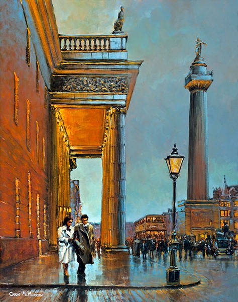 A painting of a couple walking in front of The GPO and Nelsons Pillar, Dublin
