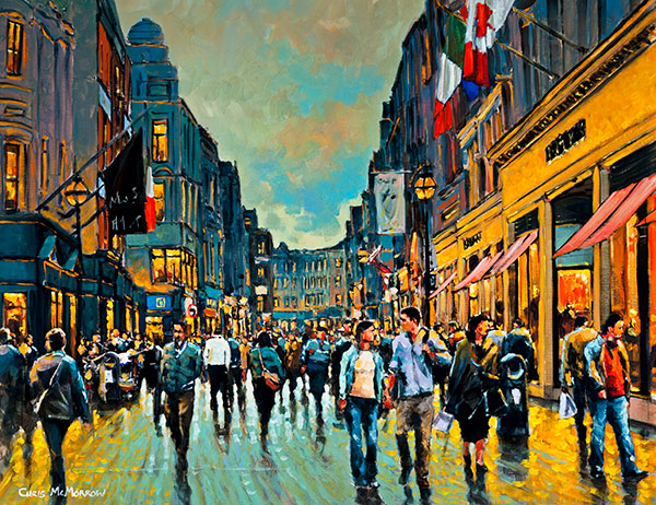 A painting of the ever busy Grafton Street featuring the Brown Thomas store with people going about their daily business in Dublin's city centre.