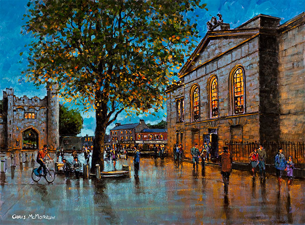 A painting of the outside of Kilmainham Gaol with the gates of the Royal Hospital in the distance