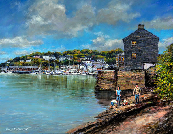 A painting of two kids with their parents searching among the rocks for crabs on the edge of Kinsale Harbour, Cork