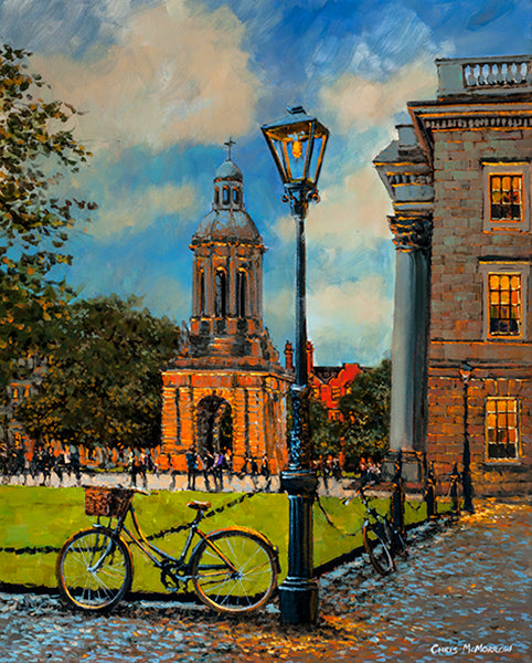 Painting of an old style bicycle parked under a streetlamp in the grounds of Trinity College, Dublin