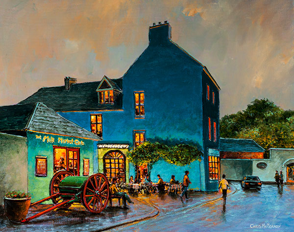 An acrylic painting of a view of a vibrant Milk Market in Kinsale town , Cork.