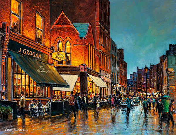A painting with a view of South William Street, Dublin, featuring Grogan's Pub and the Gourmet Burger restaurant.