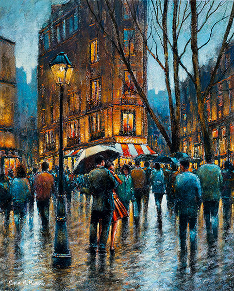 A colourful streetscape acrylic painting featuring a couple stopping for an impromptu dance under an umbrella on the cobbled street of the French capital Paris.