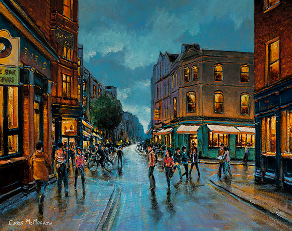 Vibrant acrylic painting of the busy four road intersection of South William, Wicklow, Exchequer and Andrew Streets in Dublin city centre.