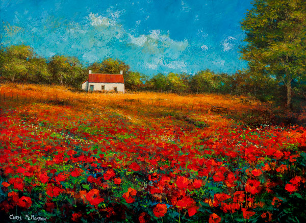 A painting of a cottage in a red poppyfield