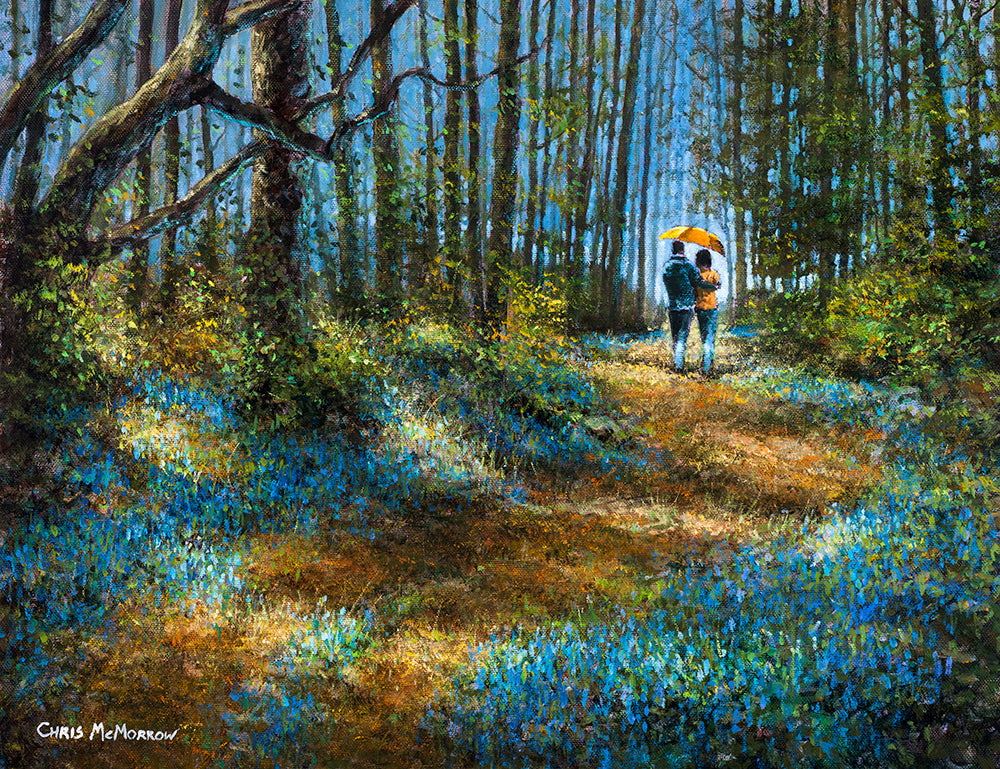 A painting showing a couple walking under an orange umbrella on a leafy path in the forest