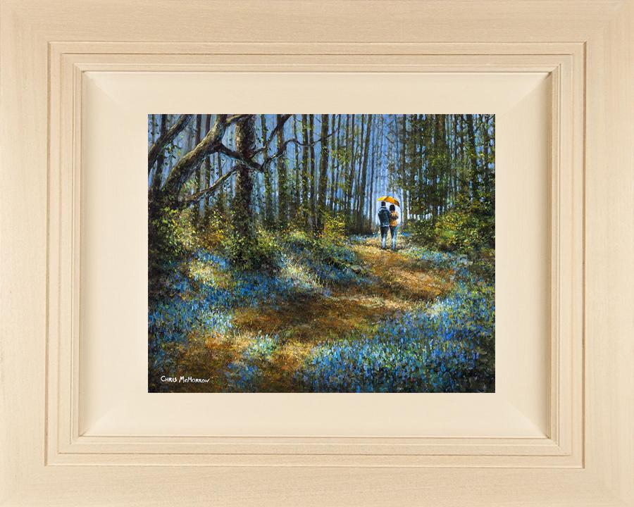 Original painting 18x14 inches canvas - 28x24 inches framed size - of a couple with an orange umbrella strolling through a bluebell wood