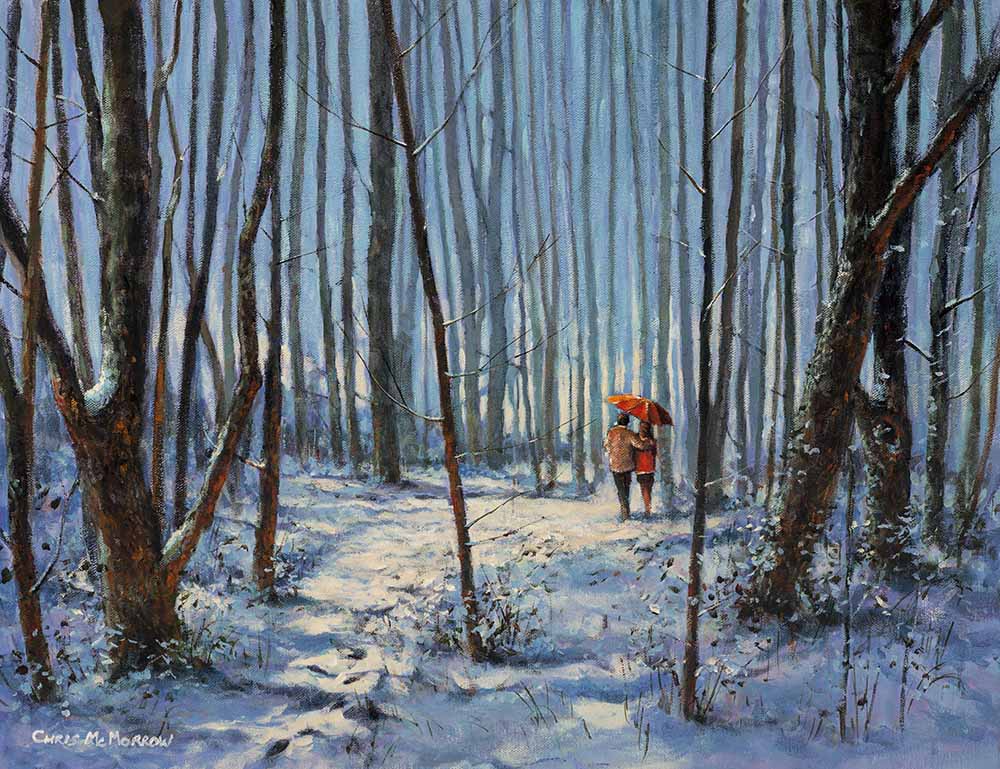 A print of a painting of a couple walking in a snowy forest landscape