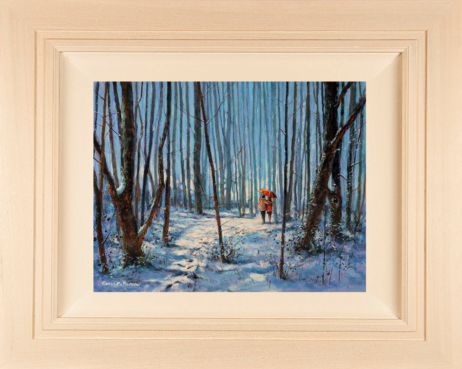 Original acrylic 20x16 inch painting of a couple walking on a snowy path in the woods in winter