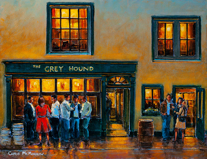 A painting of people drinking of an evening outside the Grey Hound Pub in Kinsale, Co Cork