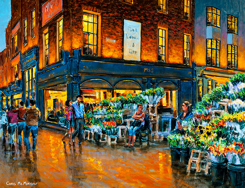 Painting of a young couple walking together at the corner where the flower sellers ply their trade on Grafton Street, Dublin