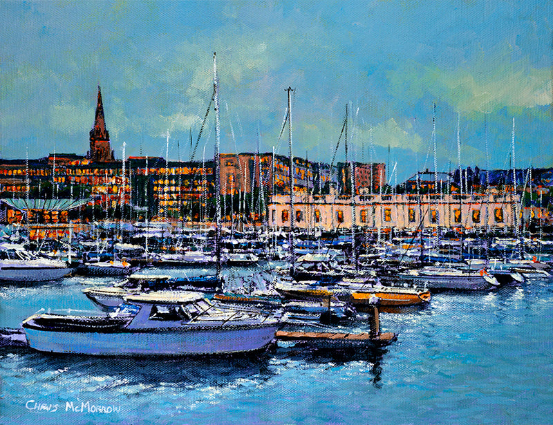 Painting of the marina in Dun Laoghaire, the Royal Irish Yacht Clubhouse in the background